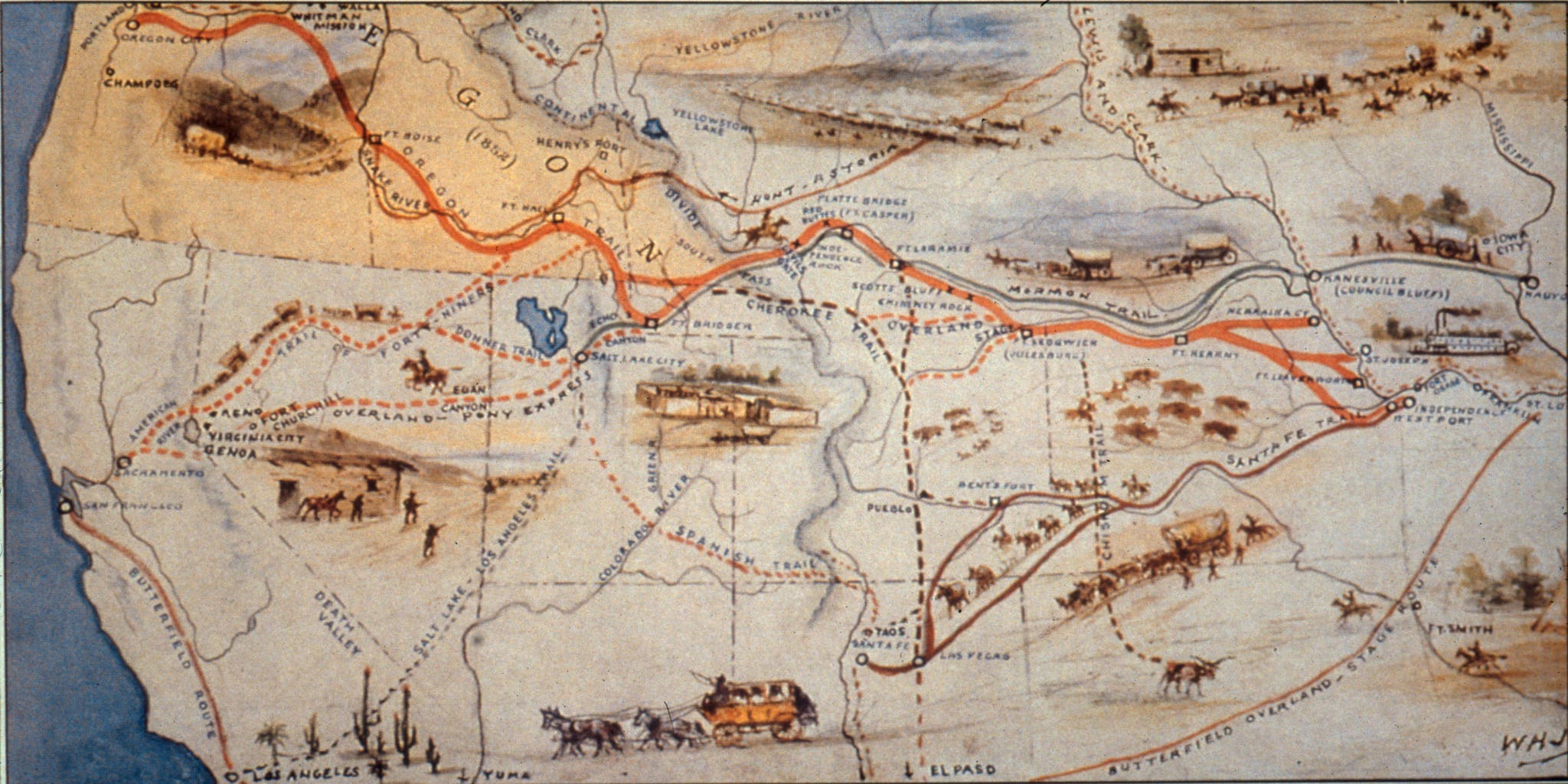 A map showing the westward trail from Missouri to Oregon.