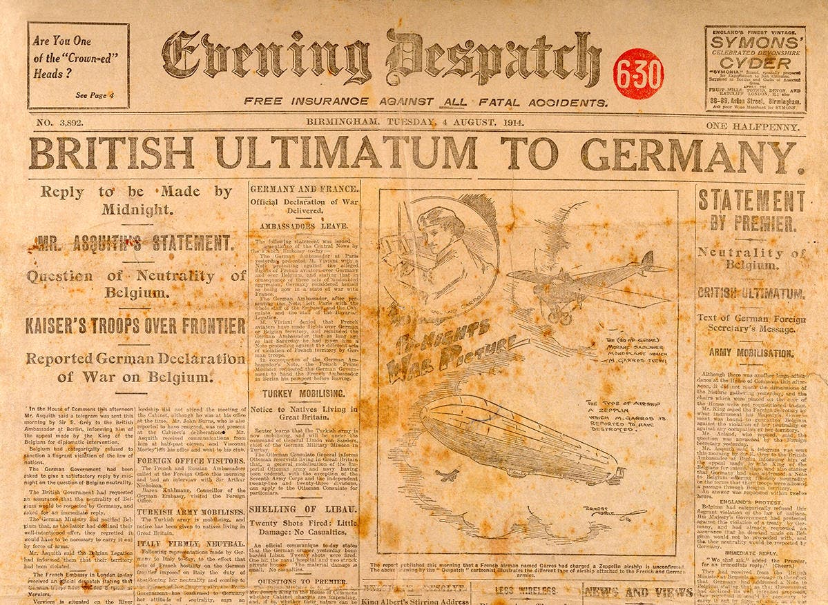 The front page of the Birmingham Evening Despatch on August 4th 1914 when Great Britain declared war on Germany. Britain, led by Prime Minister Herbert Asquith, had given Germany an ultimatum to get out of Belgium. (Credit: Popperfoto/Getty Images)