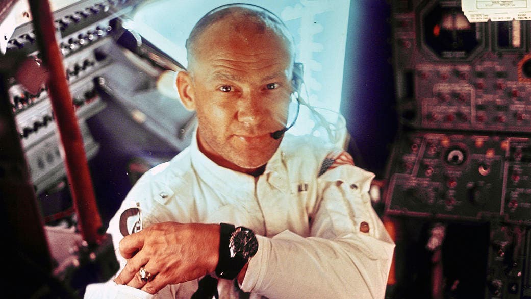 Astronaut Buzz Aldrin inside the Apollo 11 prior to the lunar landing on July 20, 1969. (Credit: NASA)