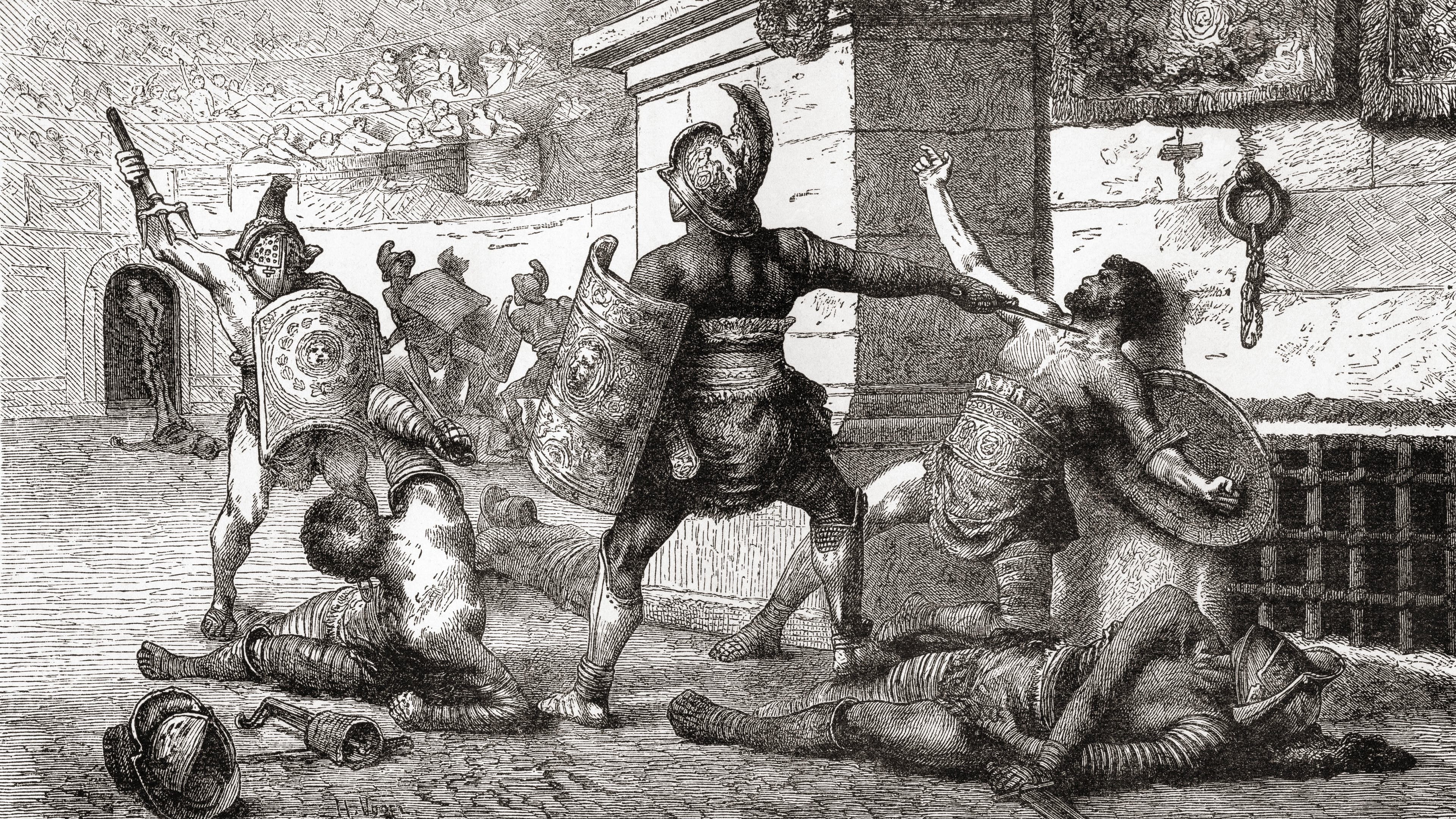Combat between gladiators in ancient Rome. The vanquished appeals to the spectators for mercy. From Ward and Lock's Illustrated History of the World, published c. 1882.