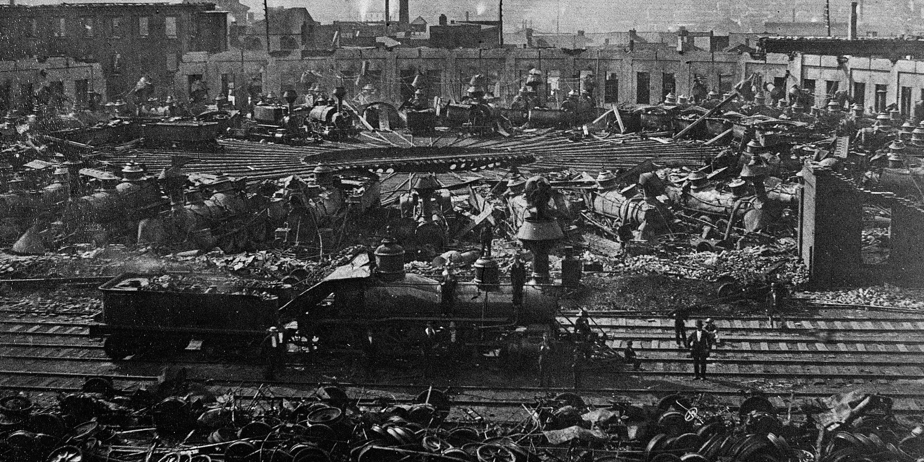 Railroad strike destruction at the 26th Street Pennsylvania Railroad Round House, July 14-27 1877, Pittsburgh, Pennsylvania.