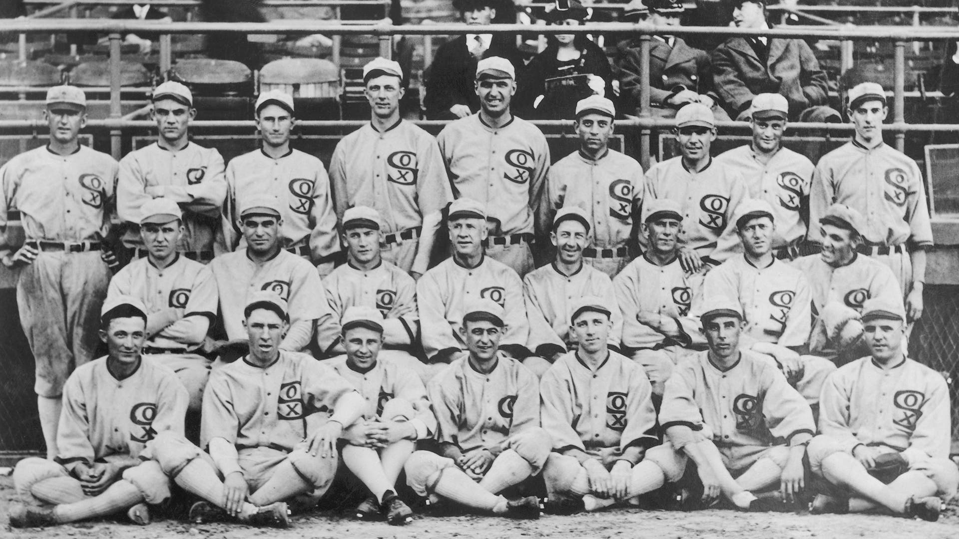 Group shot of the 1919 White Sox. They would after this year be known as the "Black Sox Scandal" team, due to the allegation that eight members of the team accepted bribes to lose the 1919 World Series to the Cincinnati Reds.