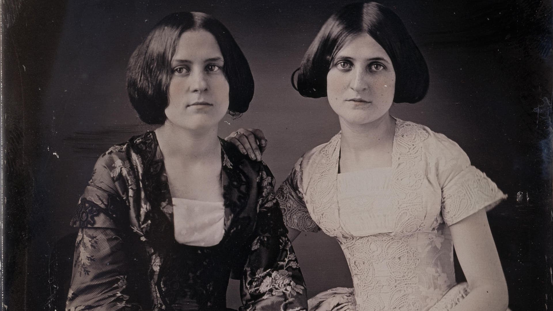 Portrait of Kate and Maggie Fox, Spirit Mediums from Rochester, New York. Along the bottom edge of the daguerreotype "Kate and Maggie Fox, Rochester Mediums, T.M. Easterly Daguerrean" is inscribed.
