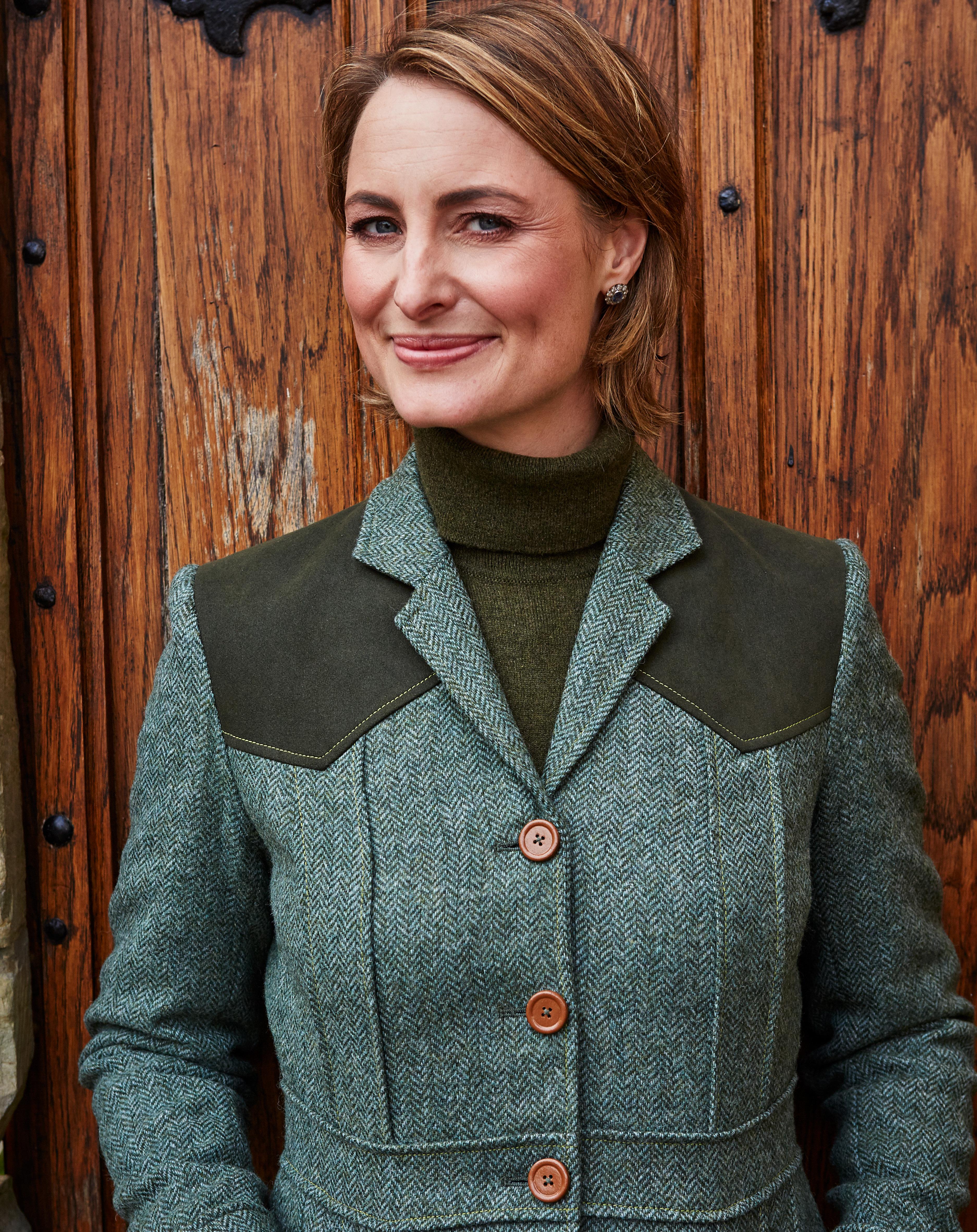 Women's Norfolk Jacket in Green Herringbone with Cashmere Polo Neck Loden