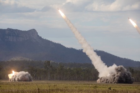 Soldiers fire three M142 HIMARS rockets during a combined joint live-fire demonstration at Shoalwater Bay Training Area, Queensland, Australia, July 22, 2023. The demonstration launched Talisman Sabre, the largest bilateral military exercise between the U.S. and Australia.

