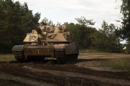 A tank assigned to the Army&#39;s 2nd Armored Brigade Combat Team, 1st Armored Division arrives in Poland, August 3, 2023.