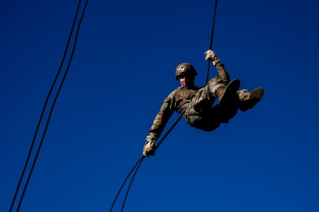 A U.S. Army Soldier assigned to the 95th Chemical Company, 17th Combat Sustainment Support Battalion, 11th Airborne Division, practices rappelling techniques at Joint Base Elmendorf-Richardson, Alaska, Oct. 20, 2023. This event was the first time 95th Chemical Company has run unit-wide rappel training, ensuring unit cohesion and readiness while enhancing the Soldiers’ tactical abilities.