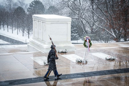 U.S. Army Soldiers with the 4th Battalion, 3d U.S. Infantry Regiment (The Old Guard) conduct walks at The Tomb of the Unknown Soldier in Arlington National Cemetery, Virginia on Jan. 15, 2024. 