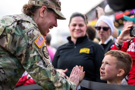 Chief of Army Reserve Lt. Gen. Jody Daniels greets fans along the sideline of the field during the NFL Pro Bowl in Orlando, Fla., February 4, 2024. The NFL thanked the first woman to become Chief of Army Reserve for her 40 years of service and continued support.