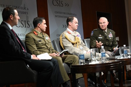 Chief of Staff of the U.S. Army, Gen. Randy A. George, discusses the importance of land forces collaboration and interoperability in the Indo-Pacific together with United Kingdom Army Chief of General Staff, Gen. Sir Patrick Sanders and Australia Chief of Army, Lt. Gen. Simon Stuart during the AUKUS trilateral at the Center for Strategic and International Studies, Washington, D.C., March 11, 2024.