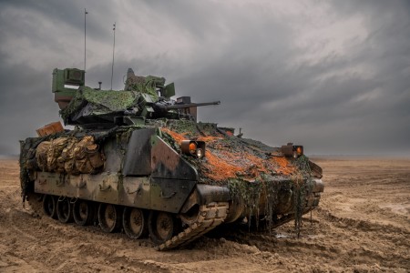 A Bradley Fighting Vehicle assigned to 2nd Battalion, 7th Infantry Regiment, 1st Armored Brigade Combat Team, 3rd Infantry Division, pulls security during a live-fire exercise (LFX) at Fort Stewart, Georgia, March 9, 2023. The LFX provides realistic and challenging situations that prepare Soldiers for combat.