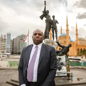 David Lammy in front of the Martyrs Monument in Beirut during a visit to Lebanon. (Photo by OLIVER MARSDEN/Middle East Images/AFP via Getty Images)
