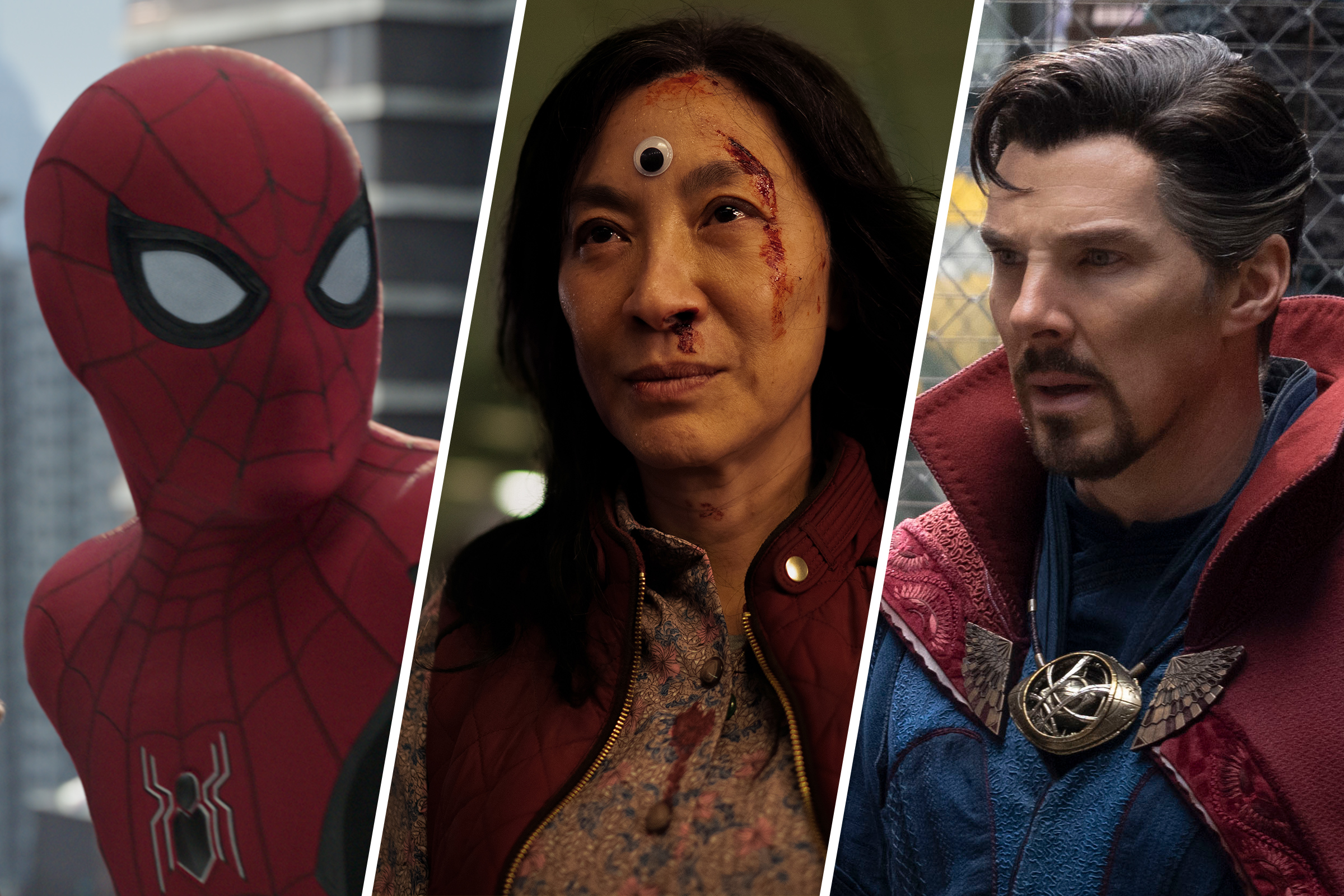 Tom Holland as Spider-Man, Michelle Yeoh as Evelyn Quan Wang, and Benedict Cumberbatch as Doctor Strange.