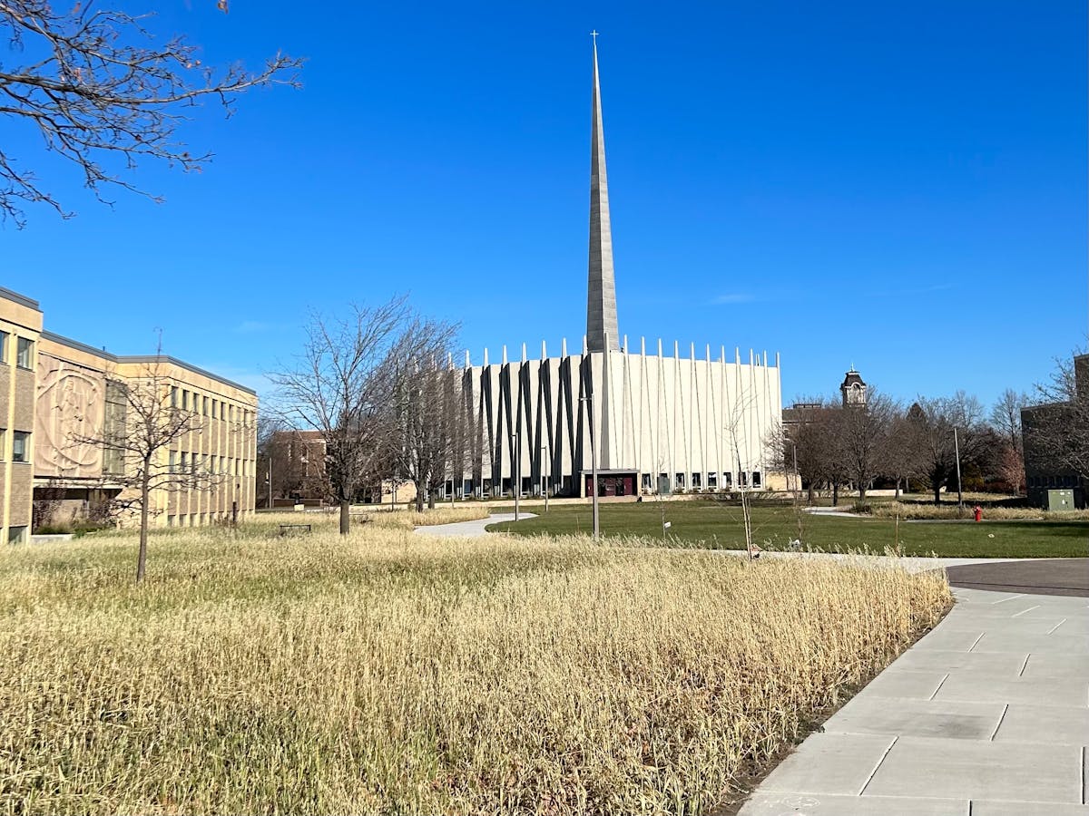 Christ Chapel, at the center of the campus of Gustavus Adolphus College in St. Peter, and the Nobel Science Hall on the left.