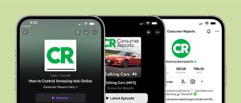 3 phones with Consumer Reports Daily and Talking Cars Podcast and Instagram page