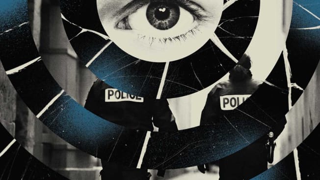 Collage with a large eye seen from the view of a Ring doorbell with police walking away.