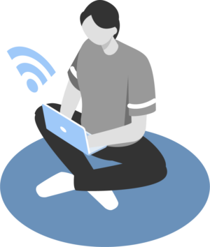 Vector illustration of a character in grey, sat crossed legged, on an open laptop with a WiFi symbol above it.