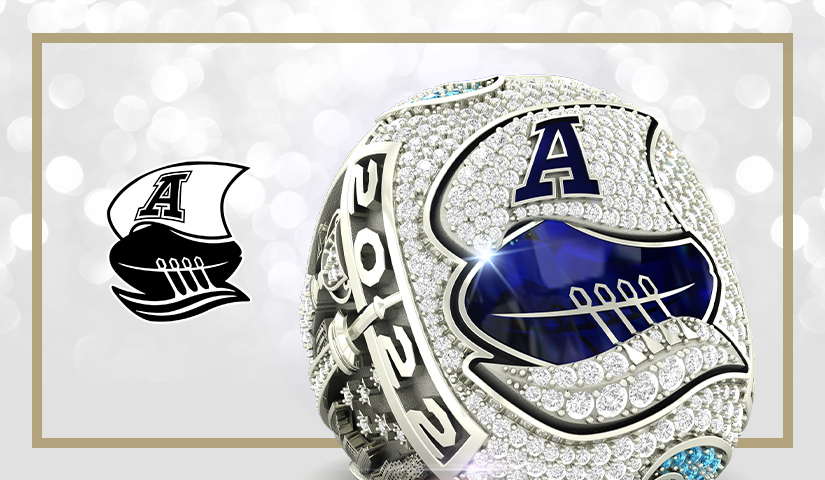 Official Winnipeg Blue Bombers championship ring with logo. Watch the press release video by Baron/Axle on how the ring was made