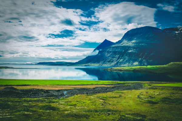 krajobraz, woda, Chmura, jezioro, góry, Islandia