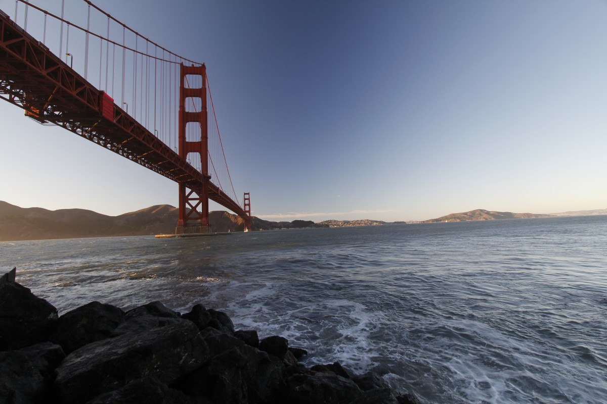 strand, tenger, tengerpart, víz, óceán, horizont, Napkelte, napnyugta, hajó, híd, part, hullám, folyó, Golden Gate híd, San Francisco, jármű, öböl, tájékozódási pont, Kalifornia, víztömeg, sziklák, hullámok, infrastruktúra, szél hullám