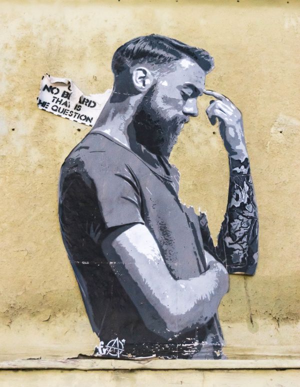 stena,fasáda,muž,profil,premýšľanie,tetovanie