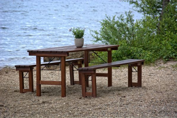 stôl, príroda, drevo, lavice, voda, stoličky