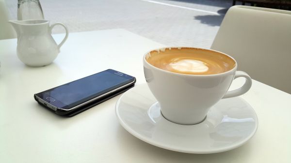 Kafé, kaffe, restaurang, kopp, smartphone, möte