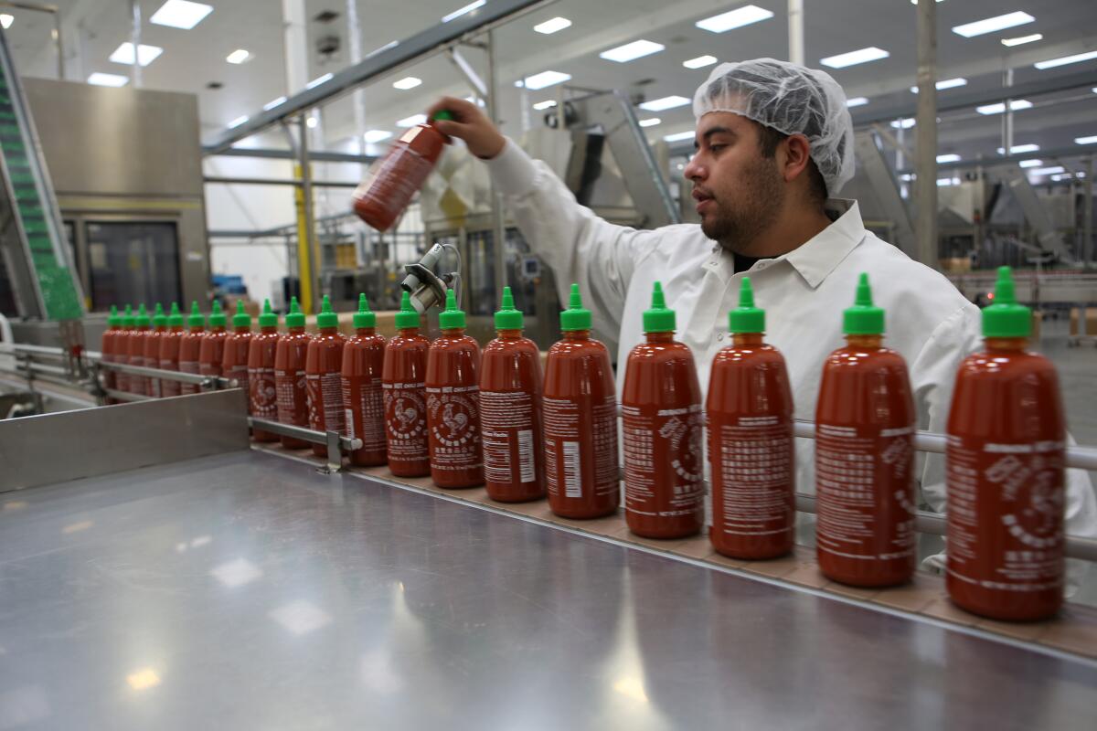 A worker keeps an eye on the production line of Sriracha bottles at Huy Fong Foods. 
