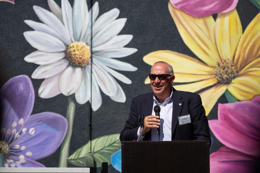 Vista, California - July 18: Lifeline CEO, Don Stump, speaks in front of the new mural which is a part of the recent renovations done at the The House Drop-in Center on Tuesday, July 18, 2023 in Vista, California. (Jessica Parga / The San Diego Union-Tribune)
