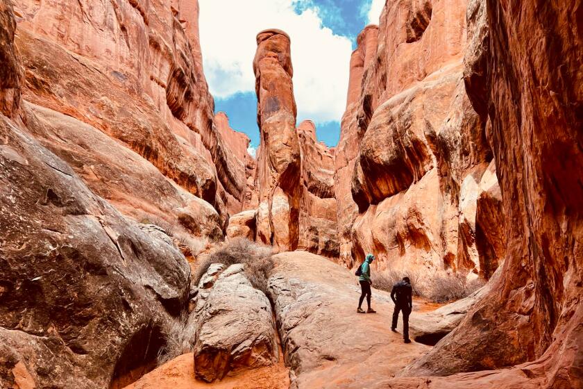Two people walk in a canyon of red rock.