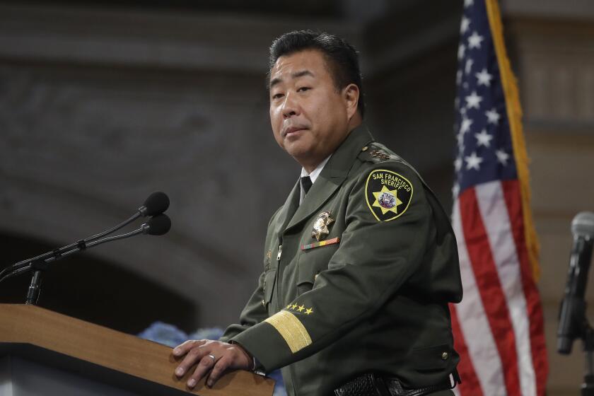 San Francisco Sheriff Paul Miyamoto speaks at his swearing in ceremomy at City Hall in San Francisco, Wednesday, Jan. 8, 2020. (AP Photo/Jeff Chiu)