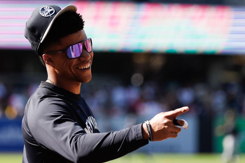 San Diego, CA - May 24: New York Yankees right fielder Juan Soto (22) laughs on the field prior to their game against the San Diego Padres at Petco Park on Friday, May 24, 2024 in San Diego, CA. (Meg McLaughlin / The San Diego Union-Tribune)