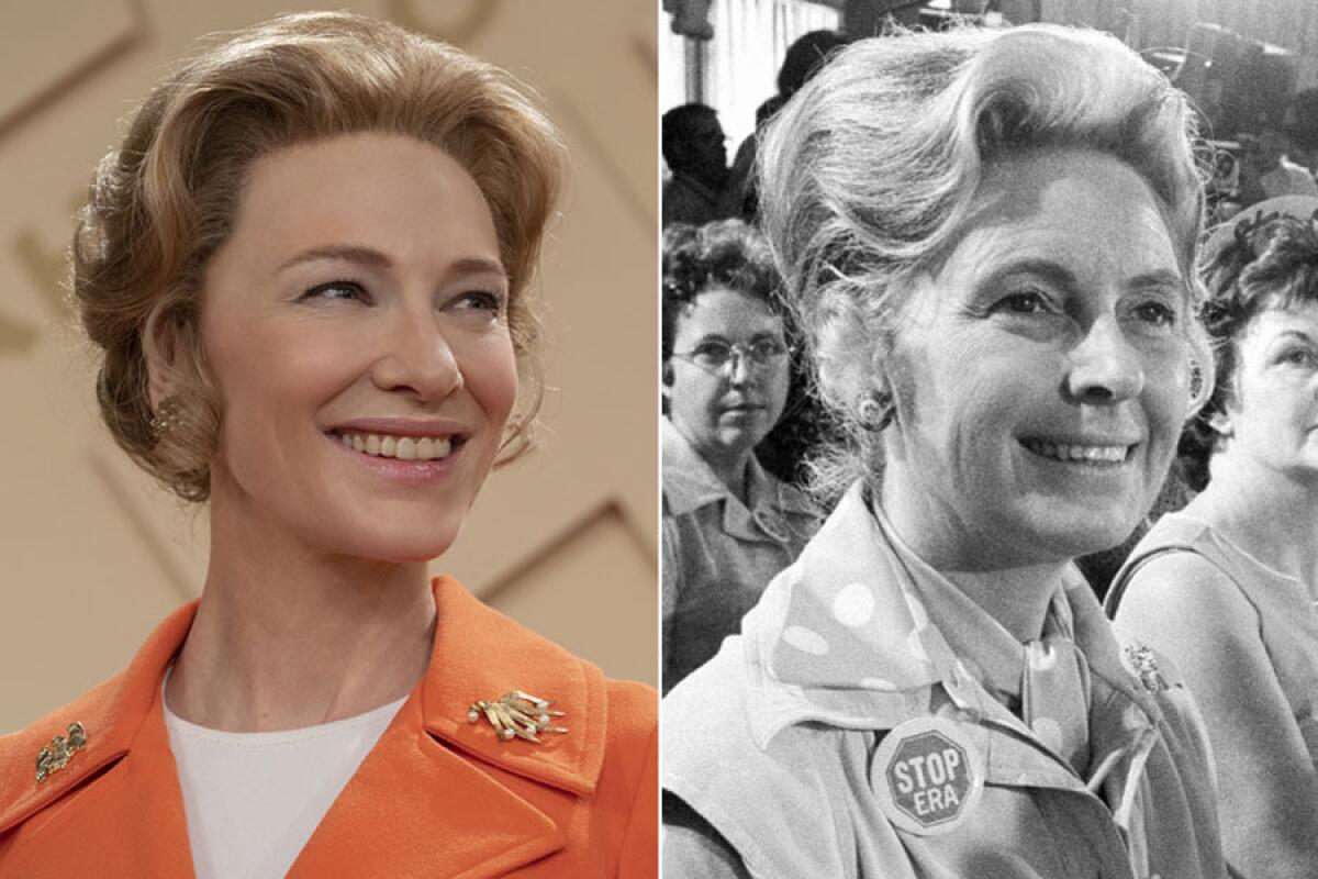 Cate Blanchett as Phyllis Schlafly in "Mrs. America" and the real Schlafly