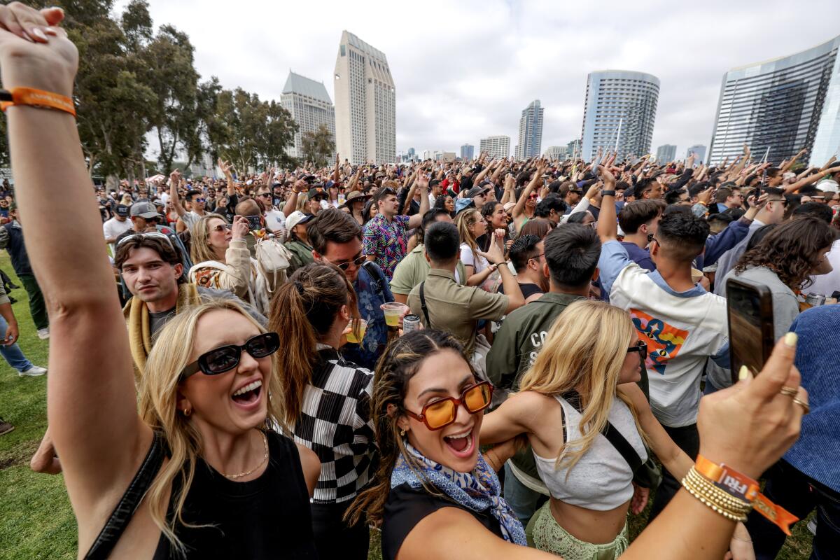 A crowd gathers near a stage on Friday at the Wonderfront Music & Arts Festival in downtown San Diego.
