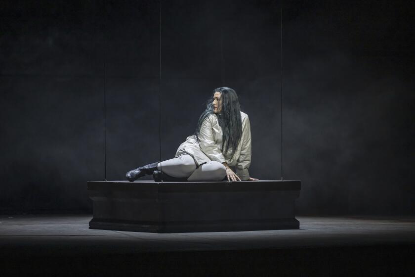This image released by the Paris Opera shows soprano Lise Davidsen in a rehearsal at the Paris Opera on May 2, 2024, for her role debut as Salome in a revival of Lydia Steier’s production of Richard Strauss’ “Salome.” (Charles Duprat/Paris Opera via AP)