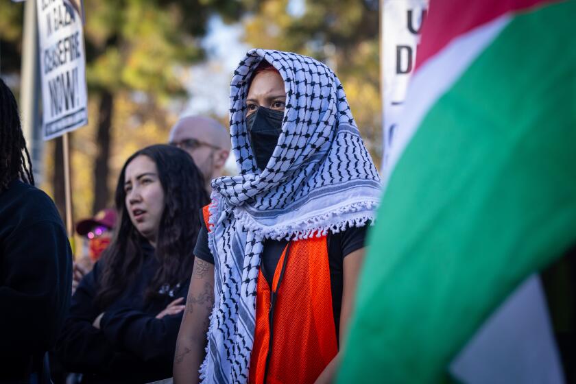 Los Angeles, CA - May 07: Supporters gather at a Pro-palestinan Rafah rally at USC on Tuesday, May 7, 2024 in Los Angeles, CA. (Jason Armond / Los Angeles Times)
