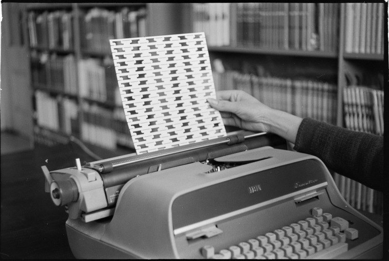 Photograph of typing strips for the printed catalogue published by the Library Board of W.A., 1965