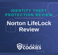 A blue background with images of locks and shields with the text &quot;Norton LifeLock Review&quot; and the All About Cookies logo. 