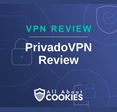 A blue background with images of locks and shields with the text &quot;PrivadoVPN Review&quot; and the All About Cookies logo. 