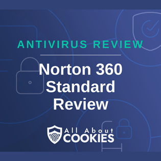 A blue background with images of locks and shields with the text &quot;Norton 360 Standard Review&quot; and the All About Cookies logo. 