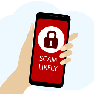 An illustration of a woman holding a cell phone that displays the text scam likely