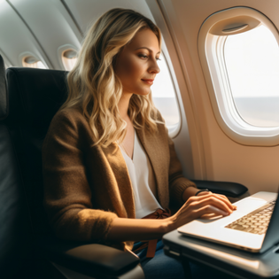 A woman uses her laptop while on a plane.