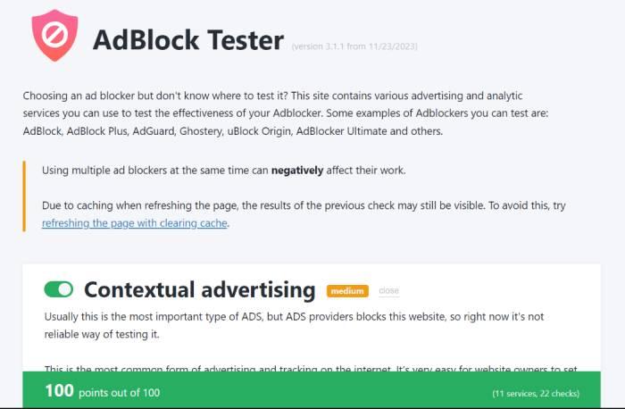 uBlock Origin's AdBlock Tester 100/100 results.