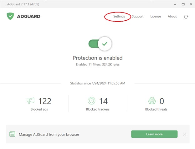 AdGuard PC app dashboard with Settings highlighted