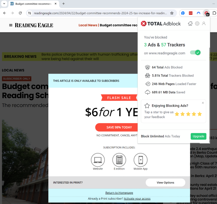 Total Adblock Unable to bypass paywall