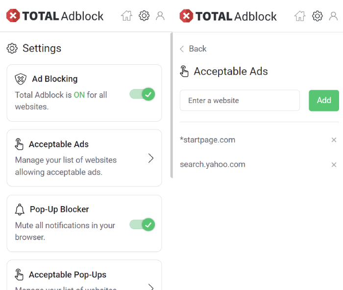 Total Adblock Acceptable Ads settings