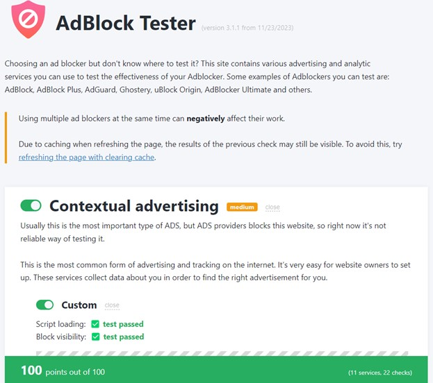 Adblock Plus retest of AdBlock Tester with a perfect score of 100.