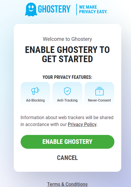 Ghostery welcome page with list of features and a button to Enable Ghostery