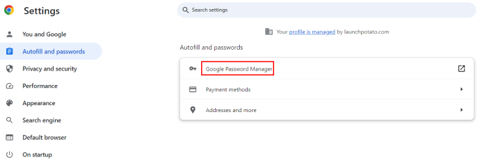 The Google Chrome Autofill and passwords page with a red box around Google Password Manager.