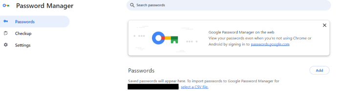 The Google Password Manager page on Google Chrome.
